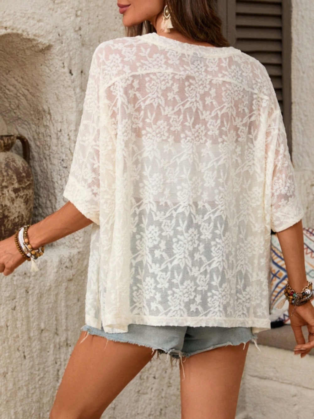 White Floral Lace Sheer Round Neck Top - Picture 3 of 4